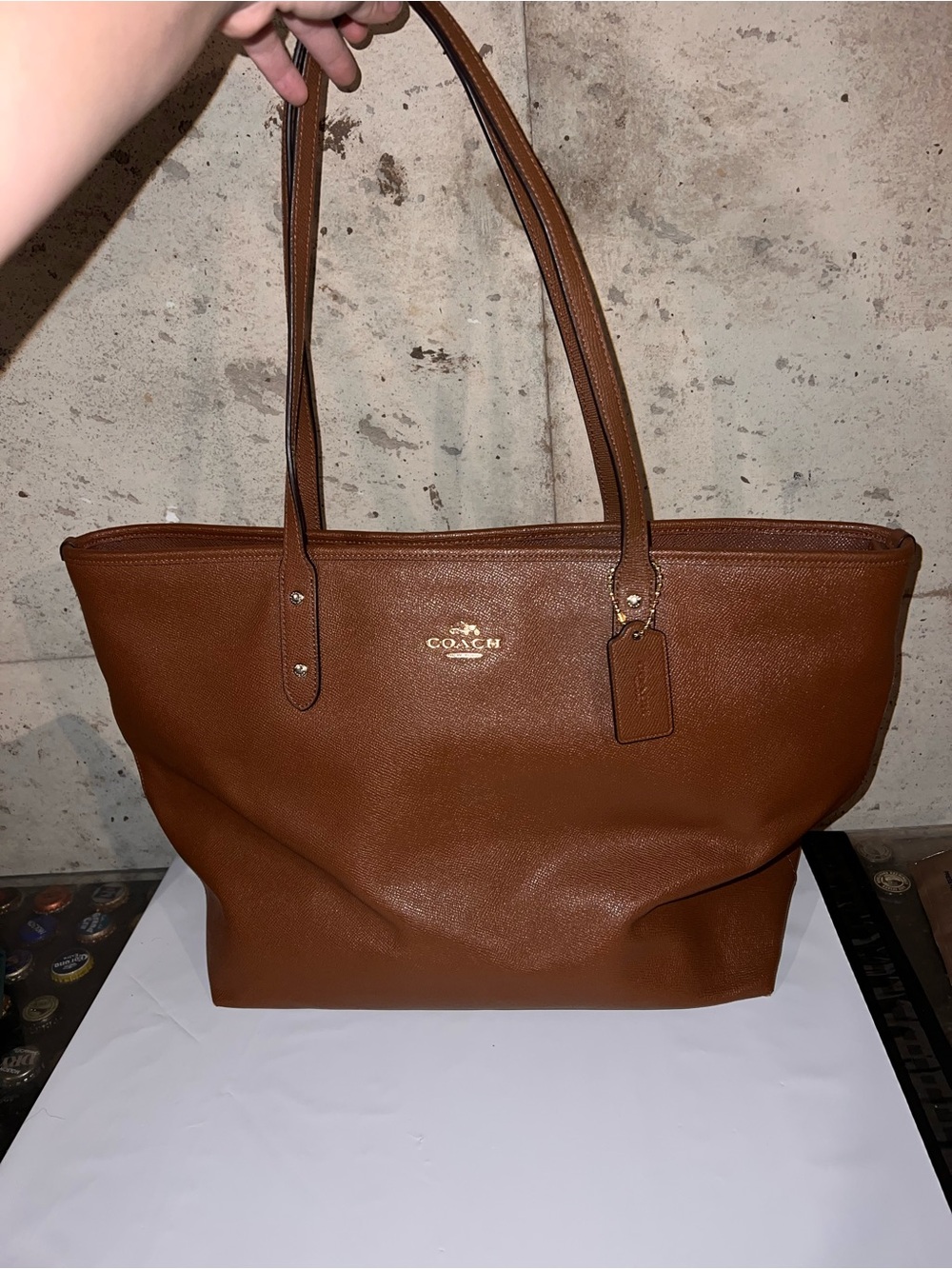Coach Cognac Brown Leather Tote with Gold Logo